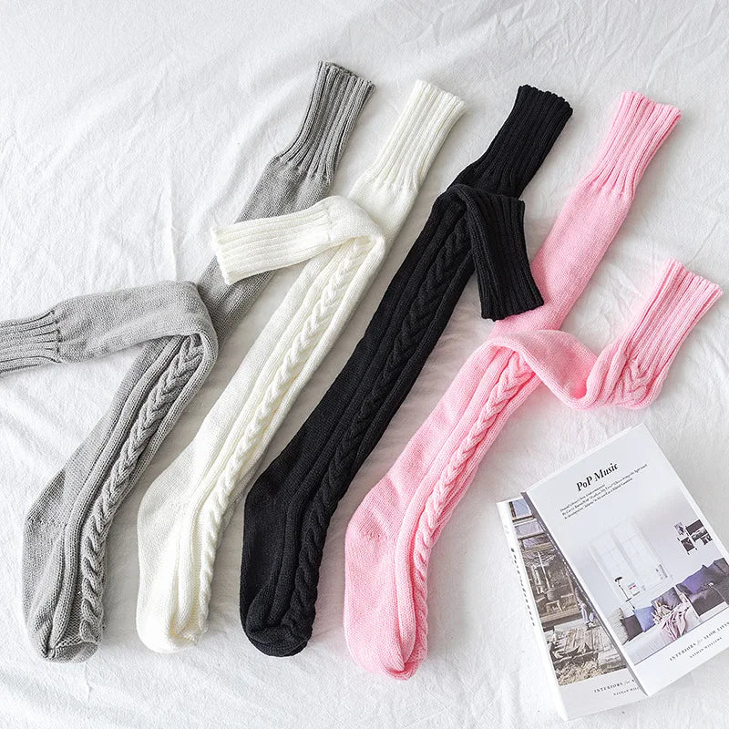 Women Winter Warm Breathable Long Johns Mohair Knee Length Knitted Wool Stretch High Sockings Femboy Leg Warmers Kawaii Clothes