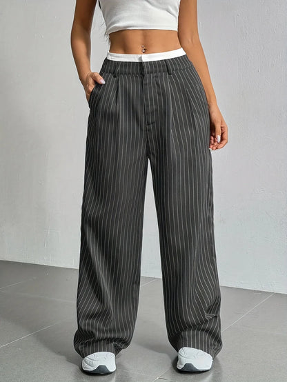 Fashion Pants Women's Stripe Straight Pants 2024 Autumn Winter High Waisted Casual Suit Pants Office Lady Women Trousers Bottoms