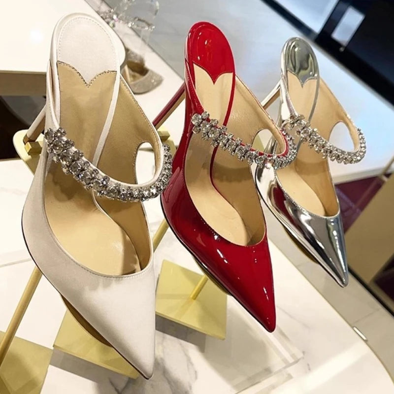 2025 New Fashionable Fine Heeled Muller Shoes with Pointed Water Diamond Chain Banquet Shallow Mouth Women's High Heel Sandals