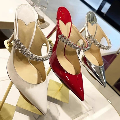 2025 New Fashionable Fine Heeled Muller Shoes with Pointed Water Diamond Chain Banquet Shallow Mouth Women's High Heel Sandals