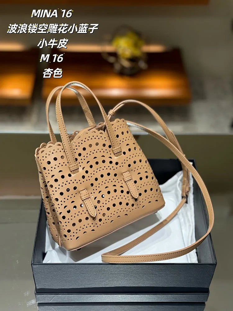 New Tote Bag French Cowhide Handmade Bag Niche Laser Engraved Hollow Leather Vegetable Basket Bag Casual Versatile Temperament