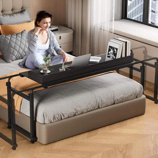 120x40CM Height Adjustable Overbed Table with Wheels, Rolling Over-the-Bed Laptop Desk with Raised Baffle, Home Office Bedroom H