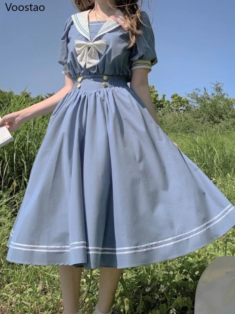 Japanese Soft Sister Cute Lolita Dress Women Sweet Puff Sleeve Slim Student Dresses Party Retro Girls Bow Salior Collar Vestidos