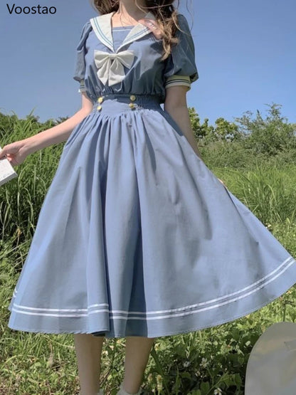 Japanese Soft Sister Cute Lolita Dress Women Sweet Puff Sleeve Slim Student Dresses Party Retro Girls Bow Salior Collar Vestidos