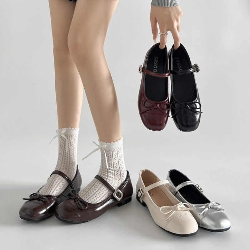2026 New Spring Vintage Women Ballet Flats Shoes Comfort Round Toe Soft Sole Shoes Elegant Butterfly-knot Dress Grandma's Shoes