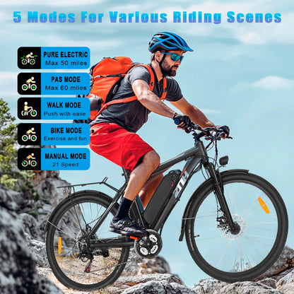 500W Peak Motor Electric Bicycle for Adults,26'' Fat Tire Electric Bike,374.4Wh/10Ah Battery,21-Speed E-bike