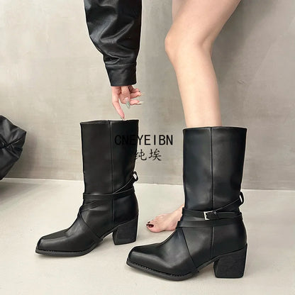 New Women Square Toe Cross Strap Buckle Knee High Boots Leather Chunky Heel Vintage Tall Boots Ladies Daily Commute Botas Mujer