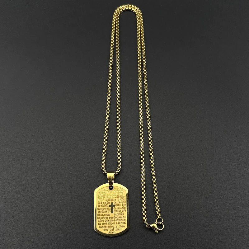 Christian The Lord's Prayer Cross Bible Spainsh Verse Dog Tag Necklace for Women Men Stainless Steel Jesus Chain Jewelry Gift
