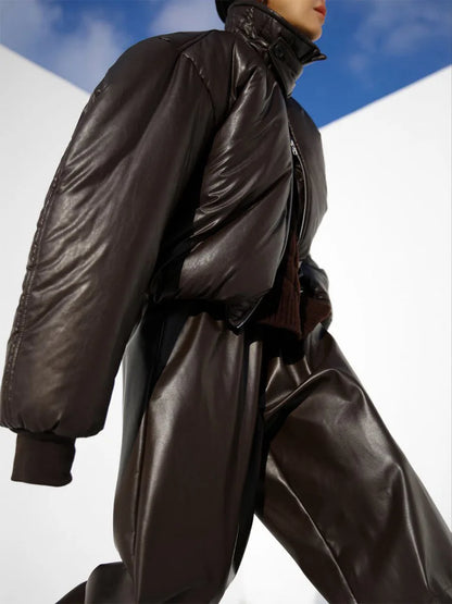 Autumn Women Pu Leather Elastic Waistband Lantern Pants Lady Casual Loose Shiny PU Trousers Trend Fashion Street Long Pants 2025