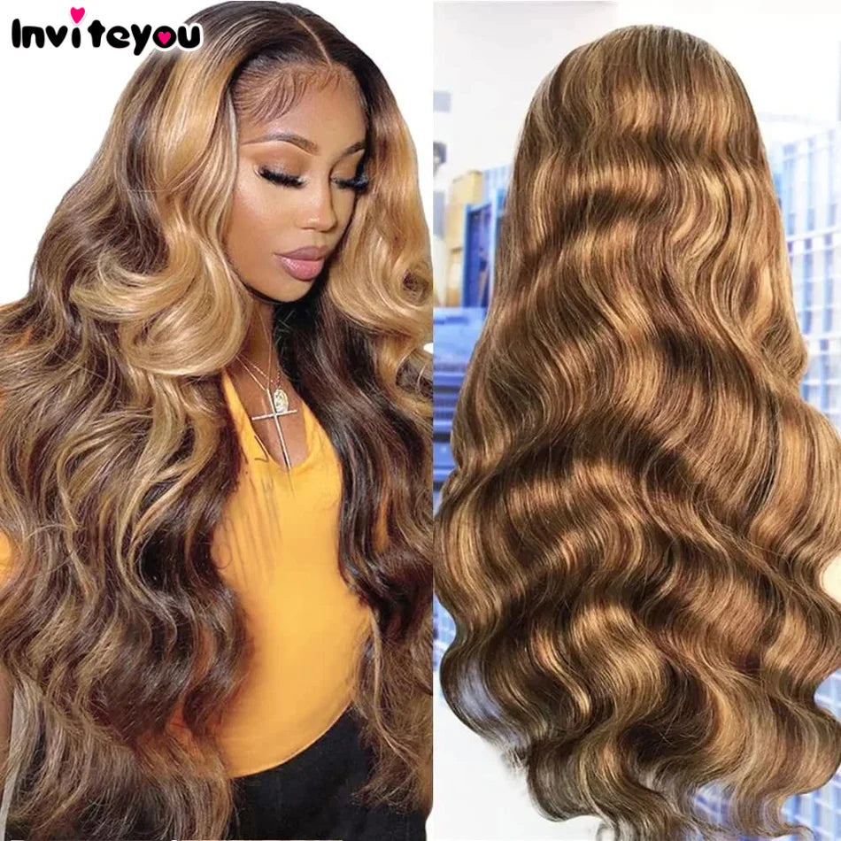 13x4 13x6 Hd Highlight Body Wave Lace Front Wig For Women Remy P4/27 Ombre Human Hair Lace Frontal Human Hair No Glue 4x4 Wigs