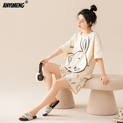 100% Pure Cotton Women Pajamas Summer Cartoon Print Pijamas Girls Nightwear Homewear Short Sleeve Sleepwear O-neck Loungewear