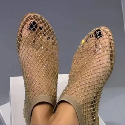 2025 Summer Women's New Round Toe Flat Bottom Sandals Hollow Short Boots Water Diamond Sexy Flat Bottom Fashion Banquet Slippers