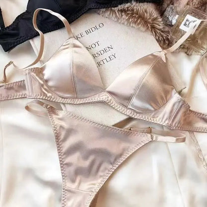 Summer Women Underwear Set Sexy Silken Triangle Cup Wireless Bras French Bralette Seamless Intimates Bra and Thong Lingerie Set