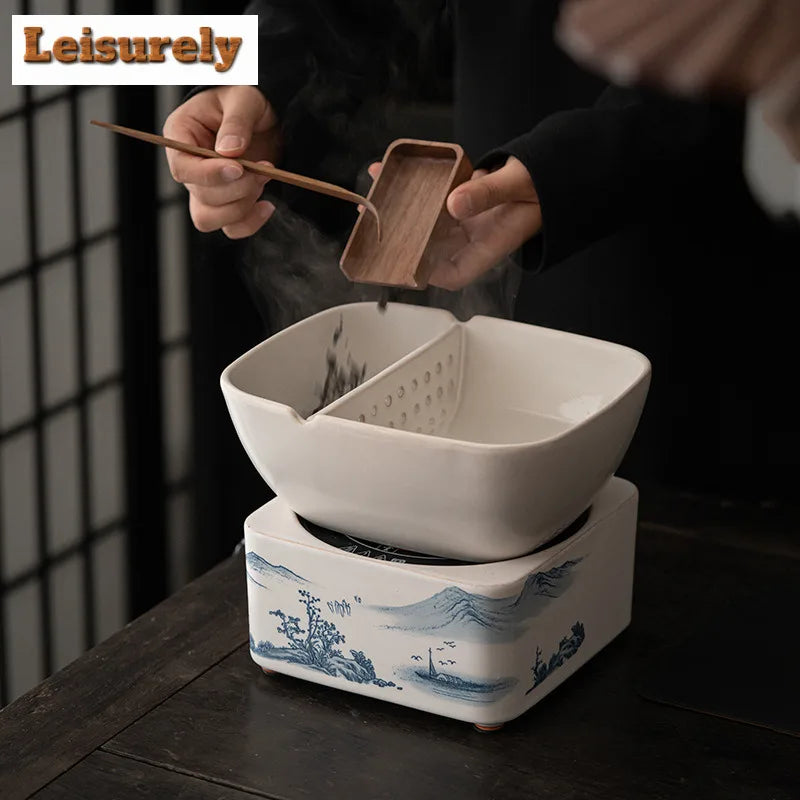 Retro Soda Glaze Ceramic Teapot Hand-painted Landscape Lifting Beam Pot Boiling Water Side Handle Kettle For Electric Stove