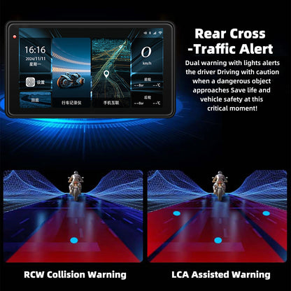 Motorcycle GPS Navigation Screen with 1080P Dash Cam Front and Rear 5in IP68 Waterproof Touchscreen Bluetooth Audio Receiver