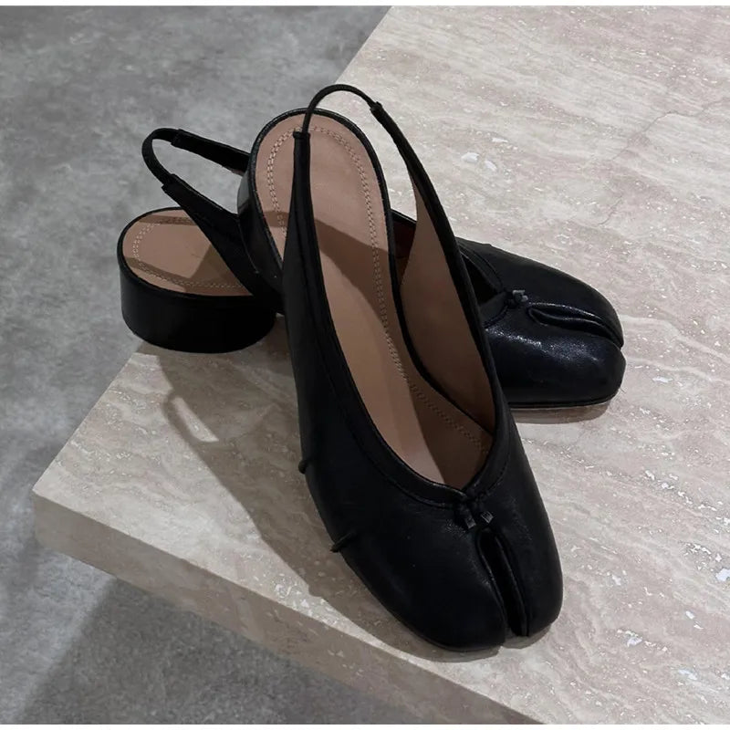 2025 Spring Summer Fashion Soft Leather Split Toe Women Pumps Casual Comfortable 3.5cm Low Heeled Slingbacks Tabi Ballet Shoes