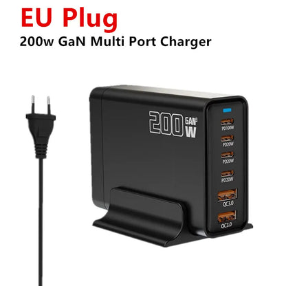 200W Desktop USB C Quick Charger GaN PD Fast Chager 6 port Mobile Charging Adapter For Laptop iPhone 17 16 15 Samsung Xiaomi﻿﻿