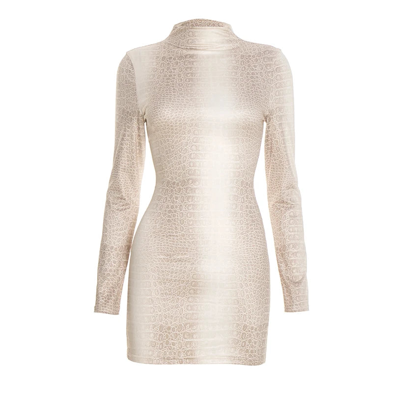 Weird Puss Hottie Snake Pattern Dress Women Winter Trend Full Sleeve Sexy Street Midnight Activity Stretch Skinny Mini Bodycon