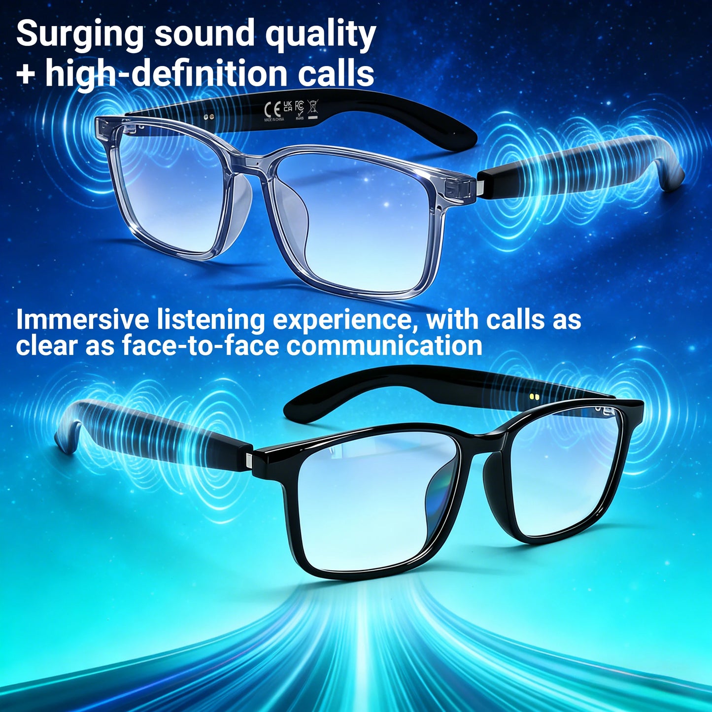 AI Translation Smart Wireless Glasses feature open-back earbuds, a premium feel, and support real-time translation of ov