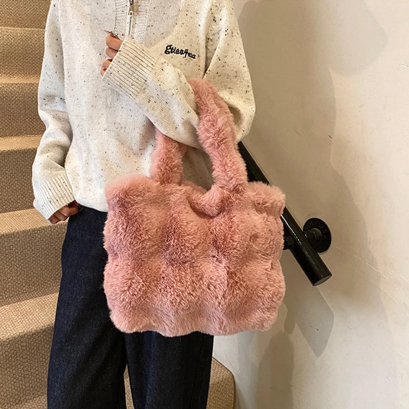 Women's Fluffy Plush Shoulder Bag Autumn Winter Top-Handle Solid Color Tote Versatile Commuter Handbag for Girls