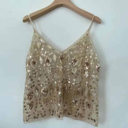 Women's Hot Sweet Sequin Bead Crop Tops Sexy Sling Slim Fit Short V-neck Straight Tank Top Korean Fashion Y2k Clothing