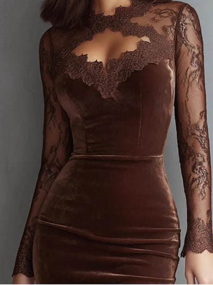New Sexy Lace See-through Long-sleeved Dress Spring Summer Elegant V-neck Lace Patchwork Waist-covering Hip Dress Robe Femme