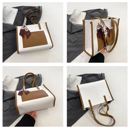 Patchwork Contrast Color Handbag Women's Casual Fashion Tote Bag Large Capacity Single Shoulder Bag Women's Silk Scarf Bag