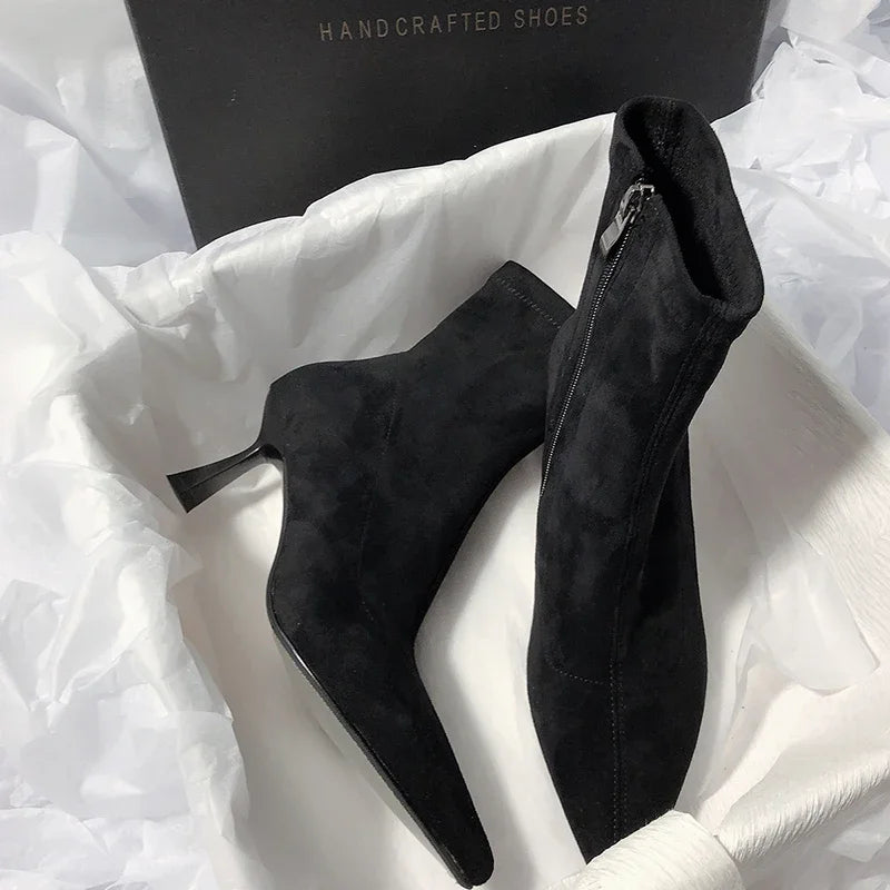 Pointed Toe Women Sock Short Boots Fashion Side Zippers Slim Ankle Booties Thin High Heel Autumn Winter Ladies Shoes