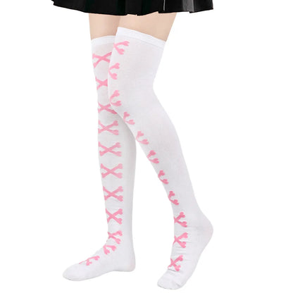 Womens Bone Thigh High Stockings Ladies Halloween Girls Black White Pink Long Over Above Knee Socks Tall Funny Cosplay Harajuku