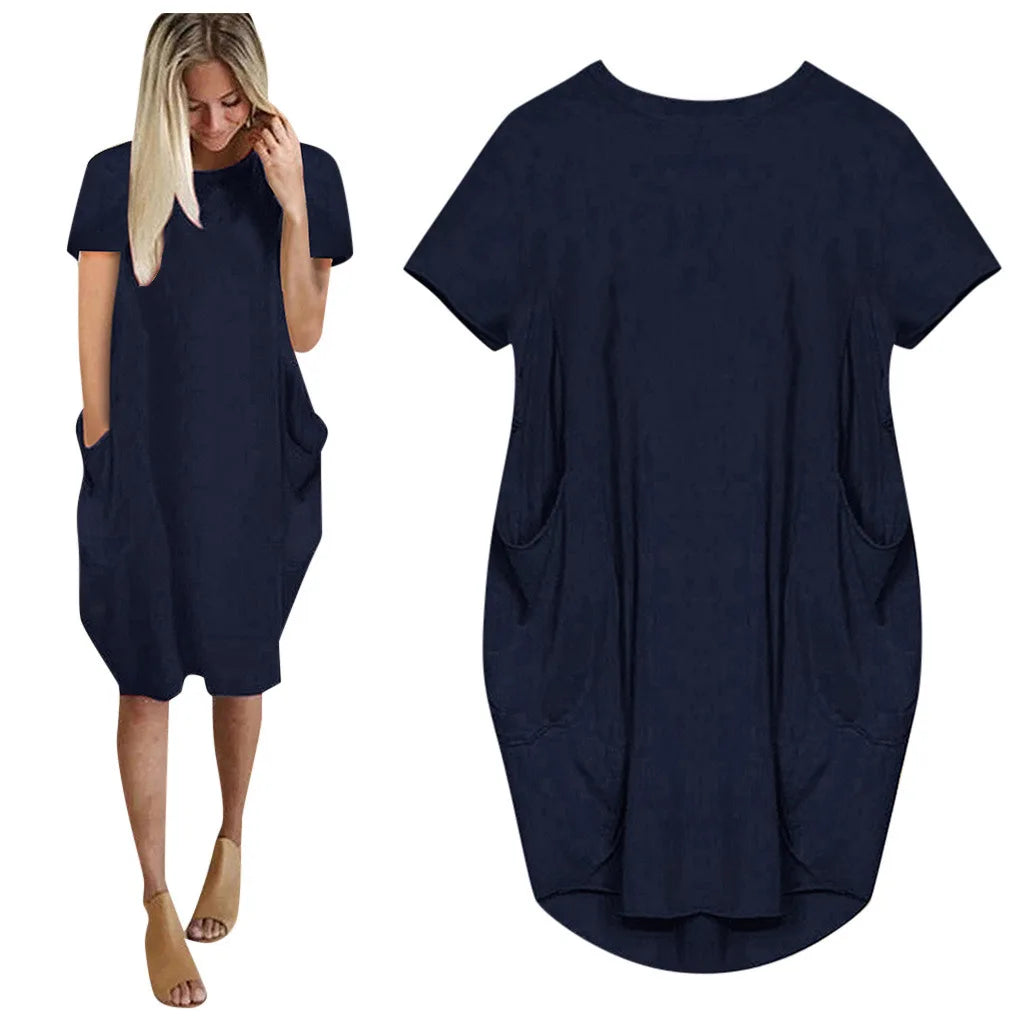 Plus Size Women Short Sleeve O-Neck Loose Casual Dresses Casual Short Sleeve Shirt Mini Dresses Round Neck Pockets Sexy Female T