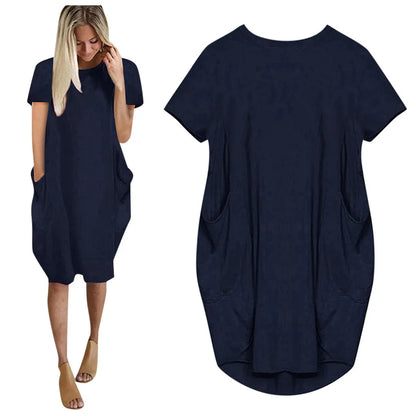 Plus Size Women Short Sleeve O-Neck Loose Casual Dresses Casual Short Sleeve Shirt Mini Dresses Round Neck Pockets Sexy Female T