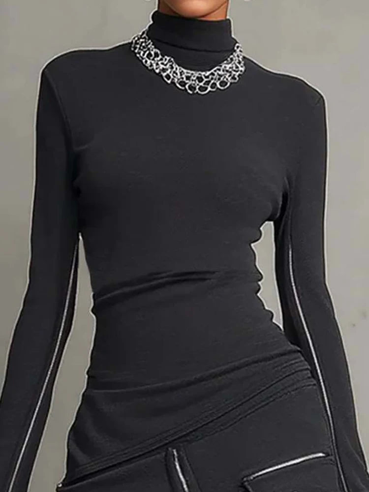 Women's Turtleneck Long Sleeve Pullover Top with Zipper Patchwork Maxi Skirt Two-Piece Set Spring Summer Streetwear Outfit 2026