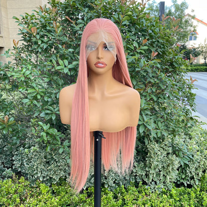 High Quality Pink 13X4 Synthetic Lace Front Wig for Woman 26 Inch Long Sliky Straight Wig Half Hand Tied Glueless Halloween Wig