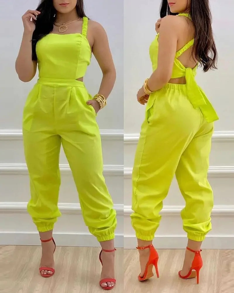 Elegant Women's jumpsuit 2024 Summer Fashion Strap Hollow Sexy Off waist Printed jumpsuit