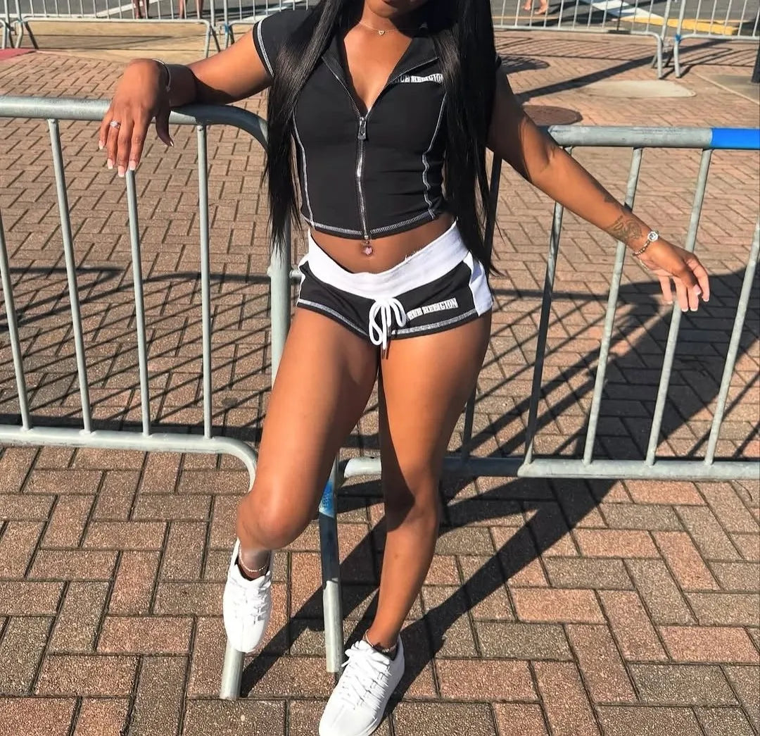 2025 Summer European and American Street Spice Girl Style Zipper Cardigan Slim Casual Sports Short-sleeved T-shirt Top Set
