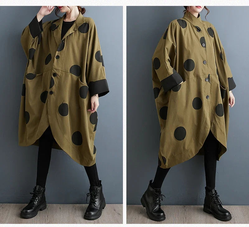 Oversized Polka Dot Trench Coat Women Vintage Autumn Loose Ladies Outwear Casual Trench Coats Fashion Woman Long Jacket Coat