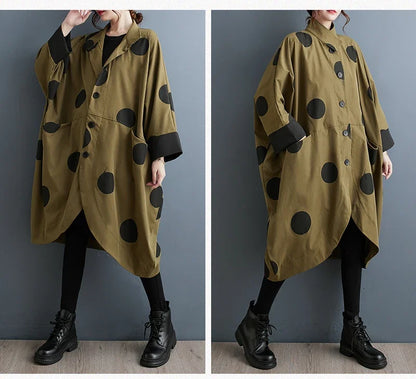 Oversized Polka Dot Trench Coat Women Vintage Autumn Loose Ladies Outwear Casual Trench Coats Fashion Woman Long Jacket Coat