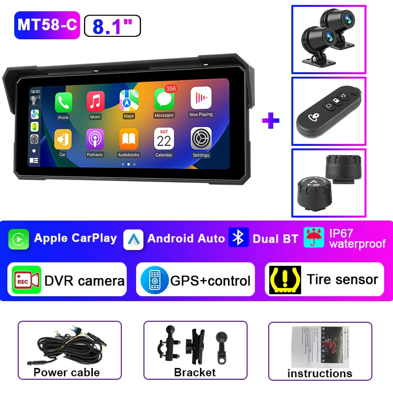 JMCQ Portable 8.1 inch Motorcycle 4K DVR GPS Navigation Wireless Carplay Android Auto Moto Recorder Monitor IPX7 Waterproof