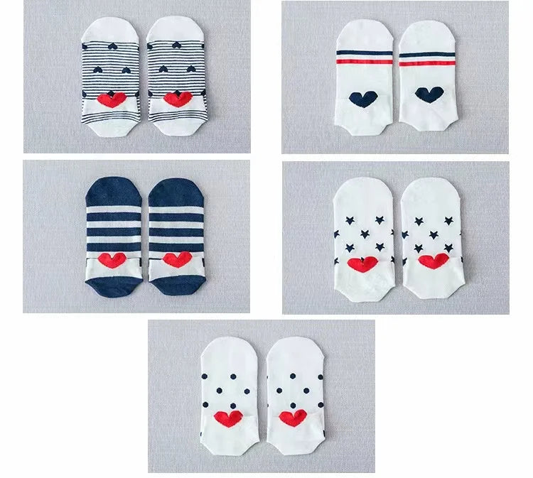 5 Pairs Lot Pack Women Socks Spring Summer Animal Unicorn Cat Fox Ear Cartoon Happy Funny Cute Lovely Cotton Ankle Socks Heart