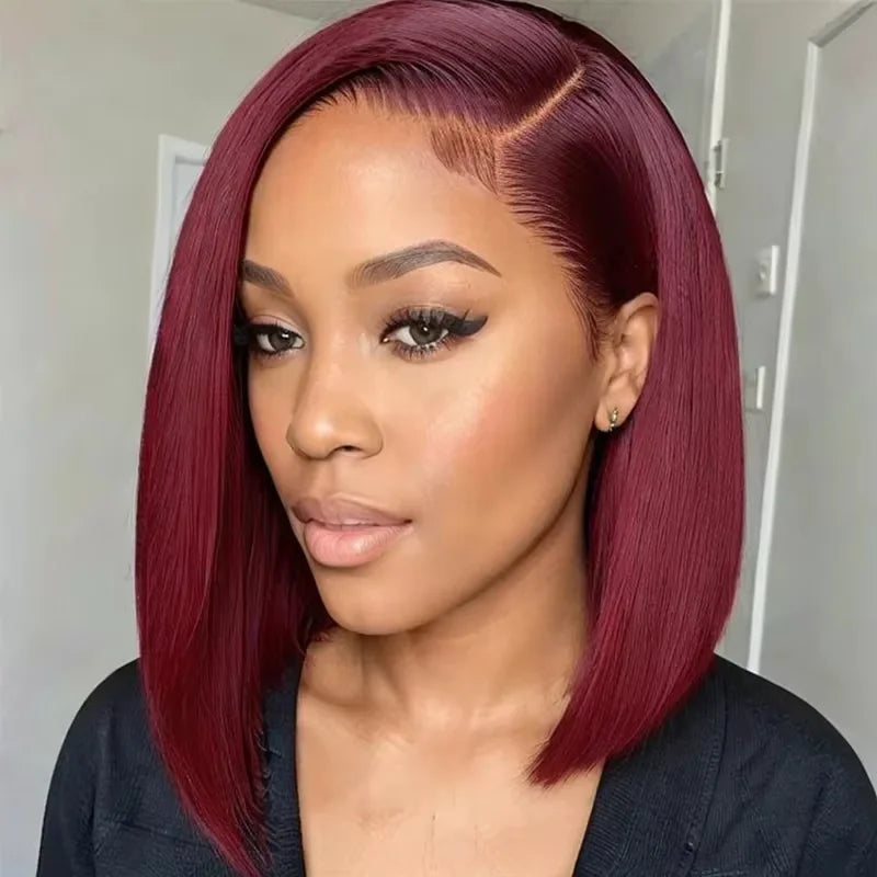 220% Straight Short Bob Human Hair Wig 13x4 Bone Straight Lace Frontal Wigs Burgundy 99J Lace Front Wig For Women 12 14 Inch