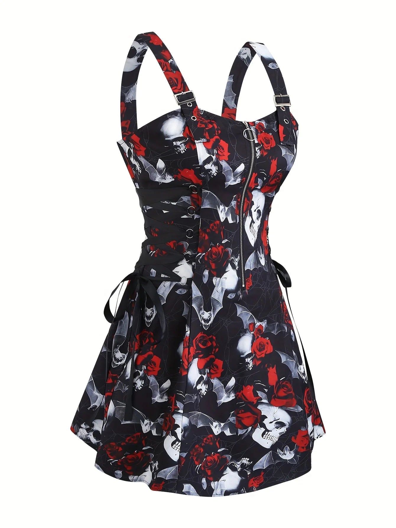 European and American trend oversized ladies slimming shoulder strap zipper full print skull pattern dress