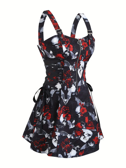 European and American trend oversized ladies slimming shoulder strap zipper full print skull pattern dress