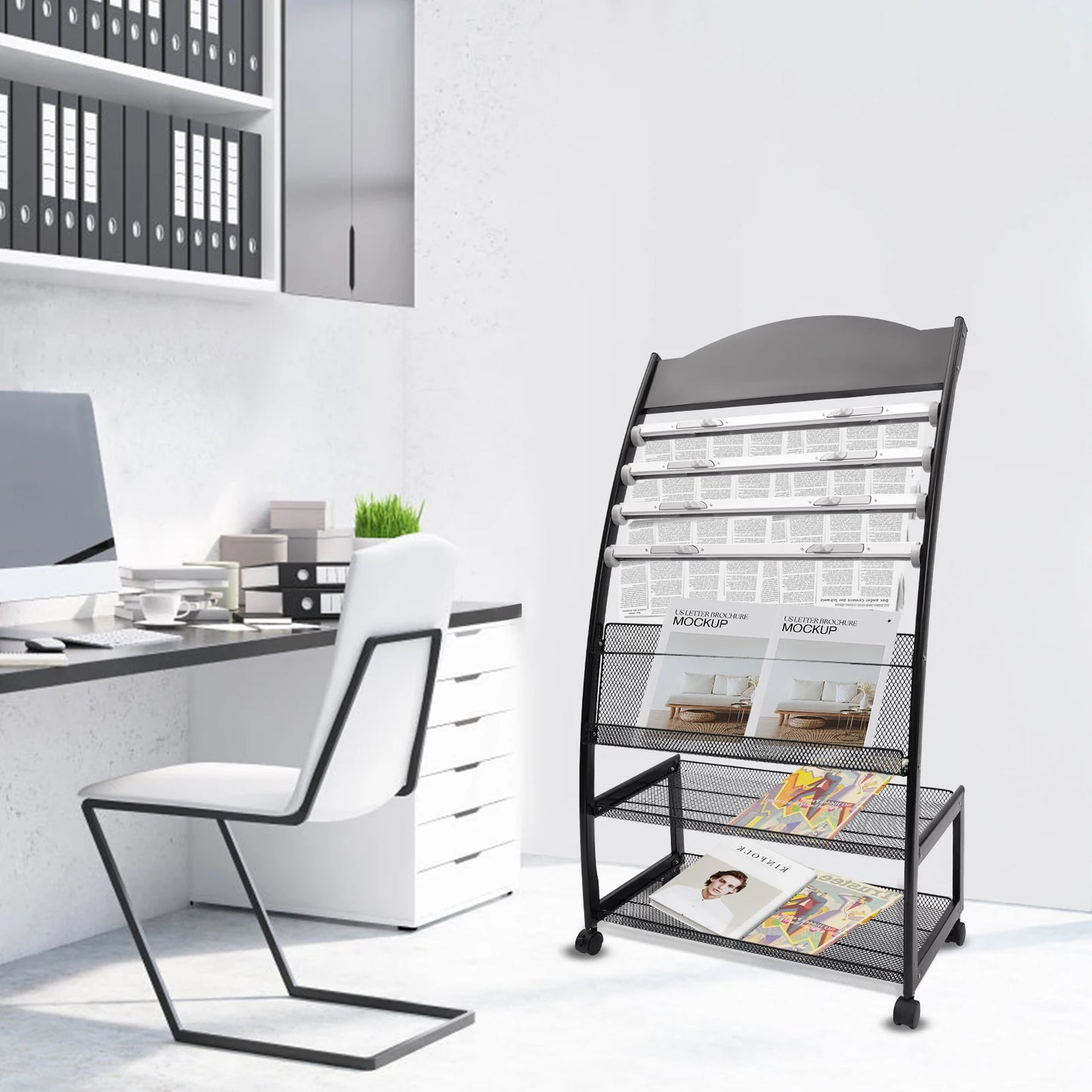Aluminum Alloy Clip on Newspaper Rack, Magazine Display Rack, Magazine Rack, Brochure Display Rack - Black/White