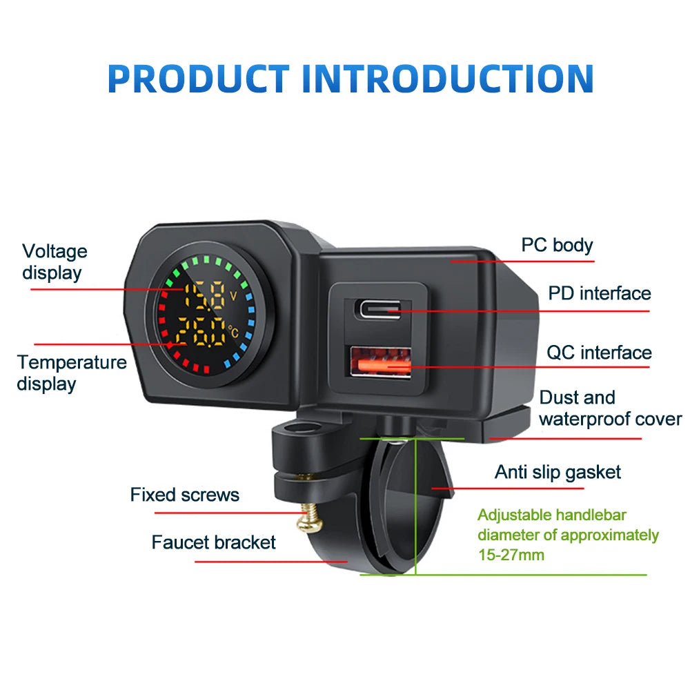 60W Dual USB Socket Motorcycle Handlebar & Rear Mirror Waterproof Fast Charger Phone Power Adapter Digital Voltmeter Thermometer