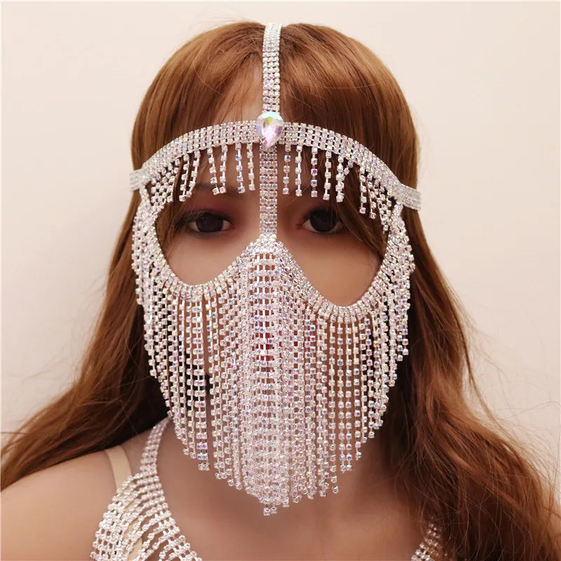 Charms Sexy Rhinestone Tassel Masquerade Face Jewelry For Women Facial Accessories Banquet Party Mask Full Face Chain Decoration