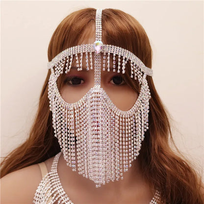 Charms Sexy Rhinestone Tassel Masquerade Face Jewelry For Women Facial Accessories Banquet Party Mask Full Face Chain Decoration