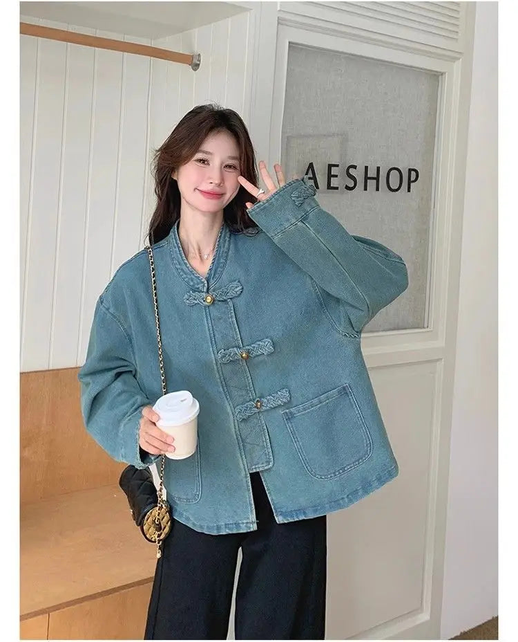 Women Clothing Autumn Fashion Simplicity All-match Temperament Button Solid Color O-neck Female Chinese Style Denim Jacket Tops