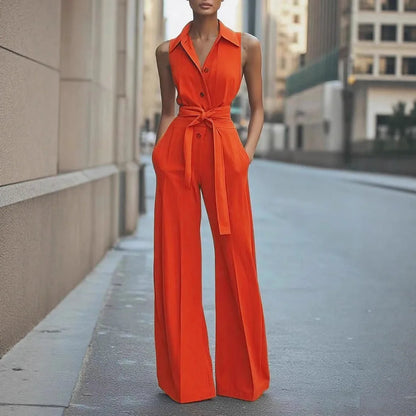 Sleeveless Lapel Jumpsuit Women's Fashion Button Down Shirt Collar Solid Color Wide Leg Commuting Office With Pocket Jumpsuit