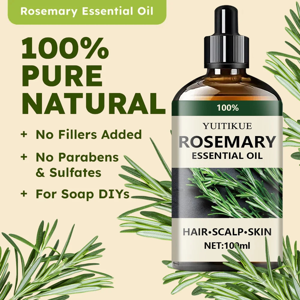 YUITIKUE 100% Pure Rosemary Essential Oil 10ml - For Hair Growth, Scalp Care, Skin & DIY, Natural & Undiluted
