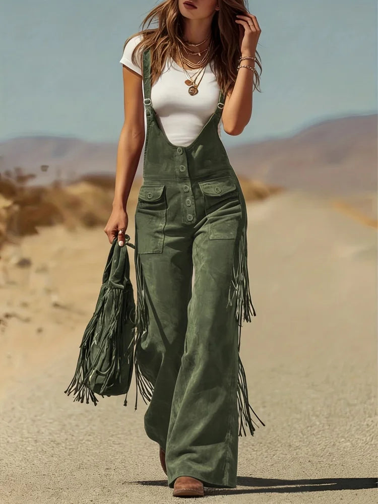 Women's Four-Season Retro Western-Style Tassel Design Overalls, Suitable for Daily Commuting, Going Out, Dating, Holiday Parties, and Various Occasions
